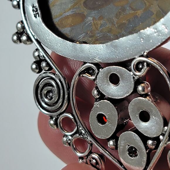 Handmade Silver Pendant With Fossil Coral Gemstone & Faceted Red Garnet Accent - Picture 8 of 10